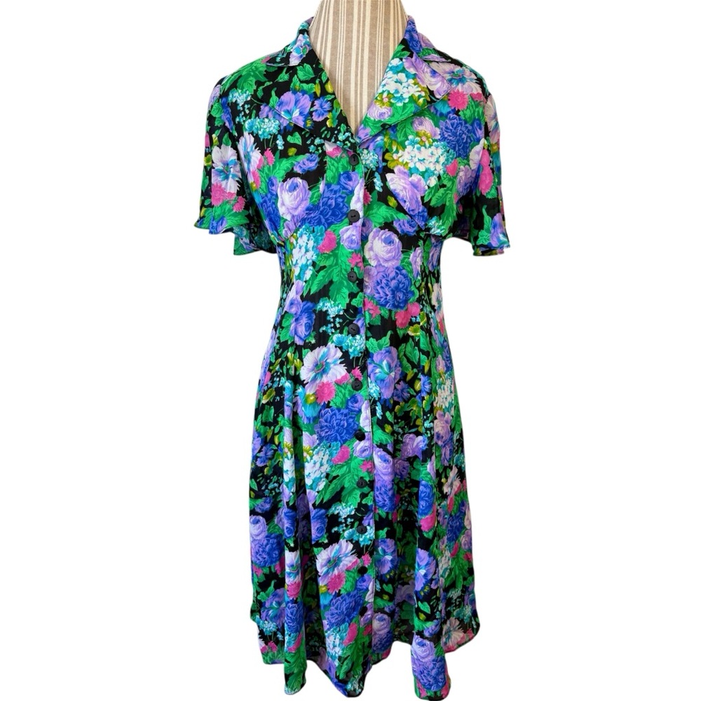 Vtg 90s Does 40s Bias Cut Bright Floral Chiffon Whimsygoth Dress Small